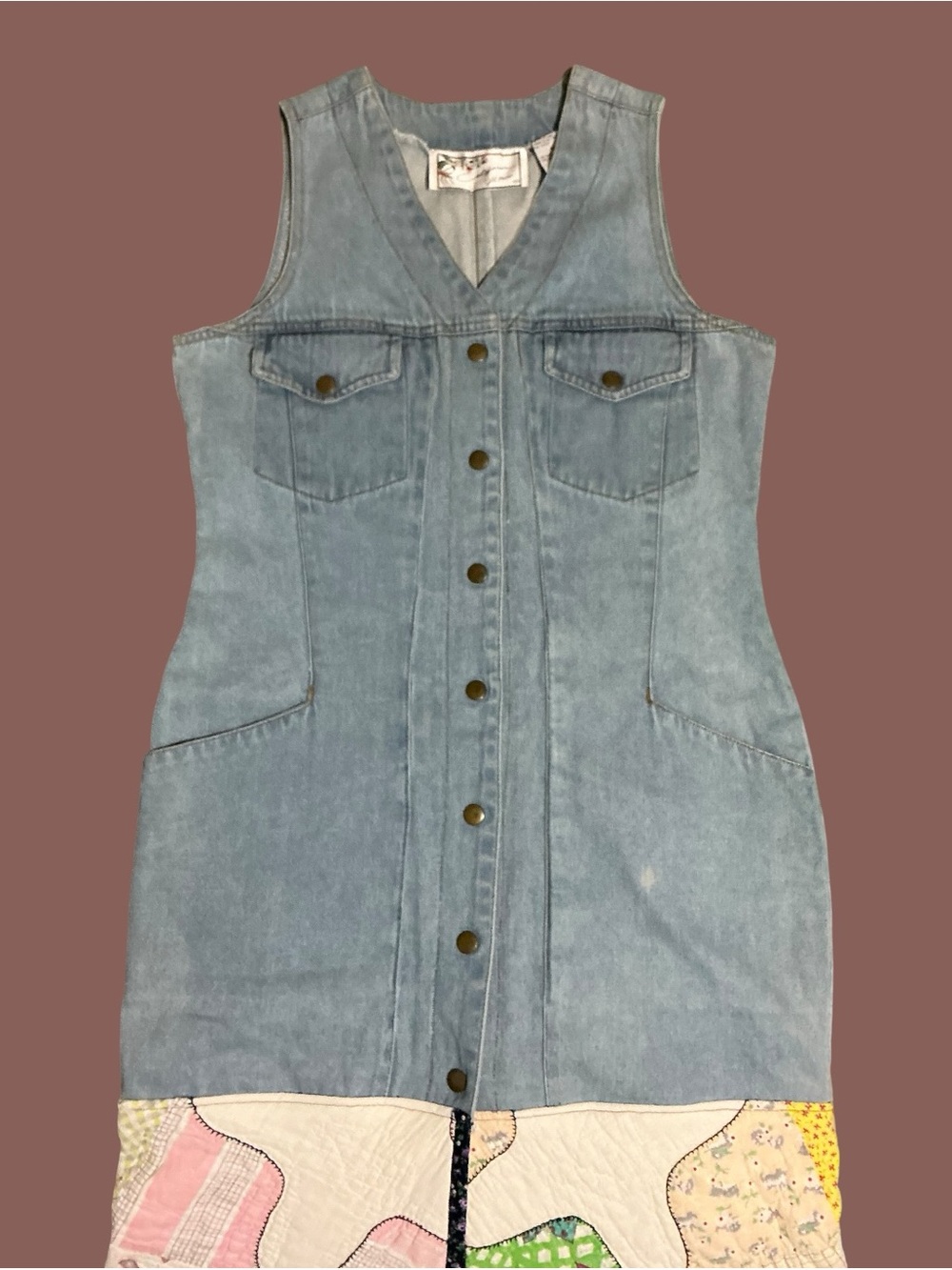 Vintage Reworked Denim Quilt Dress Upcycled Patchwork Prairie Midi Dress - Picture 3 of 6